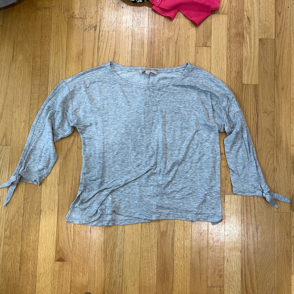 LOFT Gray Blouse with 3/4 Sleeves and Tie Front